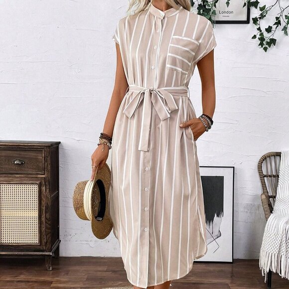 Apricot Casual Women's French-Style Striped Color-Block Shirt Dress - Picture 3 of 8